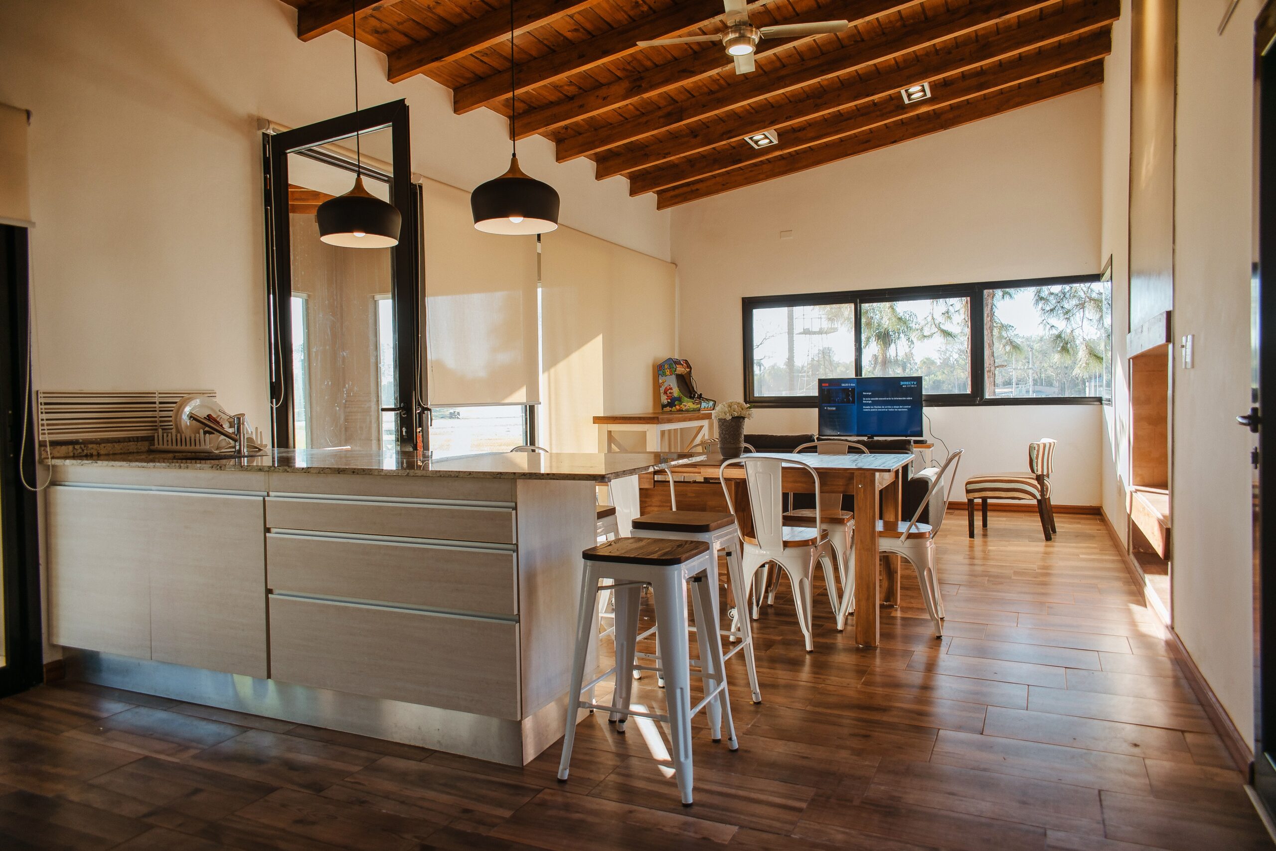 interior of a house, living room and kitchen